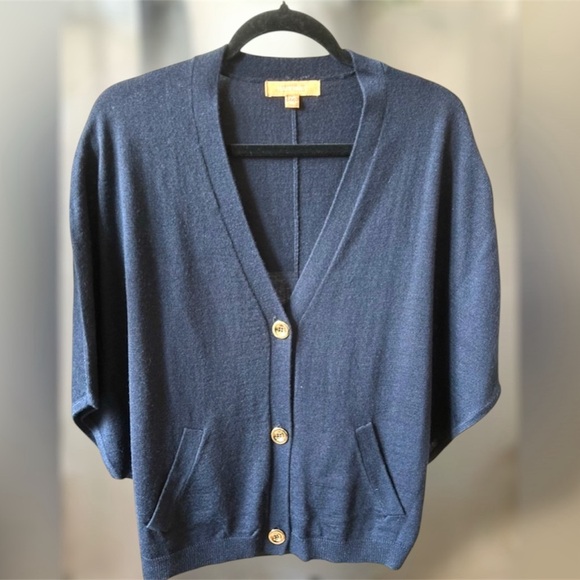 ELLEN TRACY Dolman Style Short Sleeve Navy Blue Cardigan with Gold buttons Sz S - Picture 1 of 11